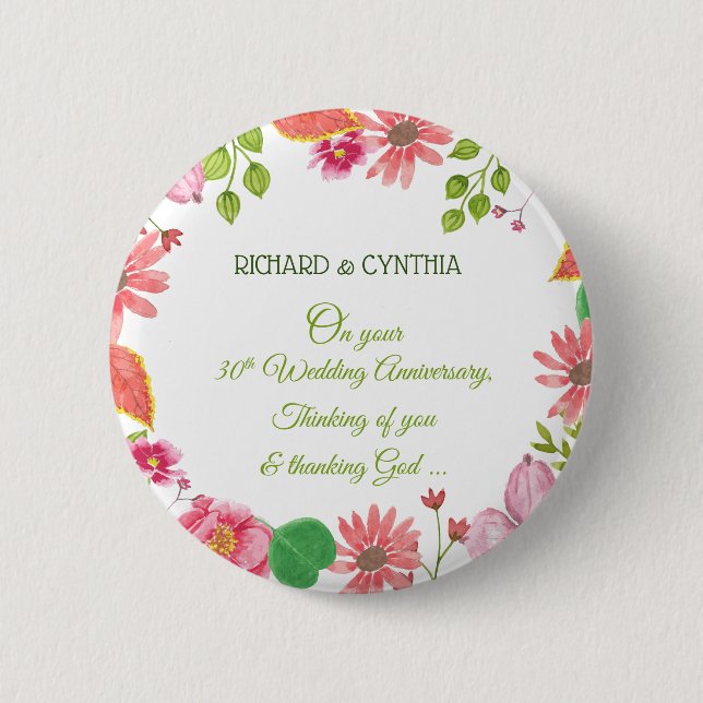 Religiösa blommor för 30-års bröllopsdag knapp (Framsida)