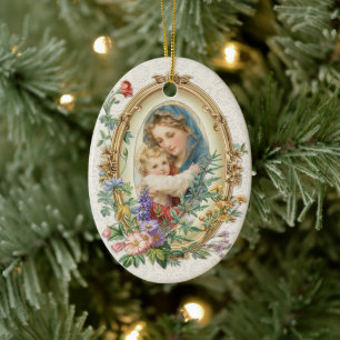 Religiösa Blsed Mor Mary och Jesus Blommigt Julgransprydnad Keramik