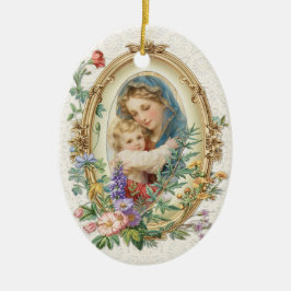Religiösa Blsed Mor Mary och Jesus Blommigt Julgransprydnad Keramik