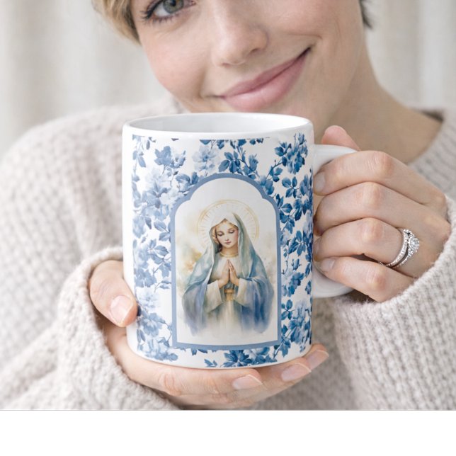 Religiösa Blue Blommigt Blad Mor Mary Kaffemugg (Skapare uppladdad)