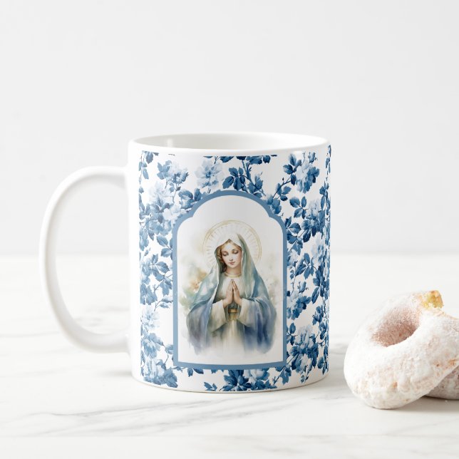 Religiösa Blue Blommigt Blad Mor Mary Kaffemugg (Med munk)