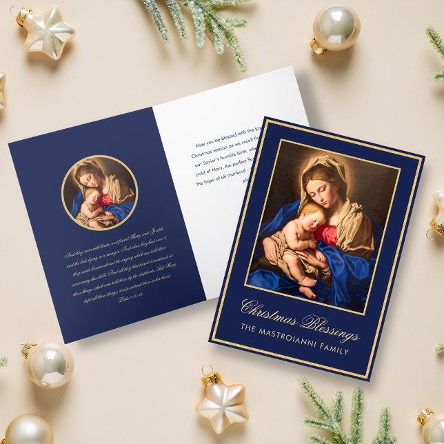 Religiösa Blue Guld Madonna & Child God Jul Helgkort (Religious Christmas card for Catholics with Madonna and Child in midnight blue and gold)