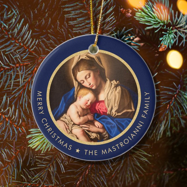 Religiösa Blue & Guld Madonna & Child God Jul Julgransprydnad Keramik (Midnight blue and gold religious Christmas ornament for Catholics and Christians)