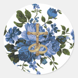 Religiösa Blue Ro Blommigt Guld Crucifix Runt Klistermärke
