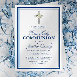 Religiösa Boy Silver Blue First Heliga Communion Inbjudningar