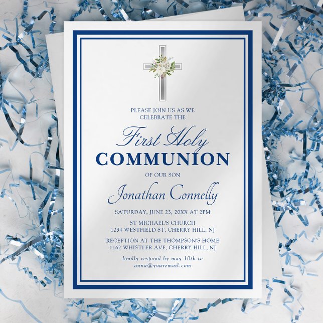 Religiösa Boy Silver Blue First Heliga Communion Inbjudningar (Skapare uppladdad)