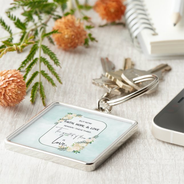 Religiösa Bröllop: Faith Hope Kärlek Fyrkantig Silverfärgad Nyckelring (Sidan)