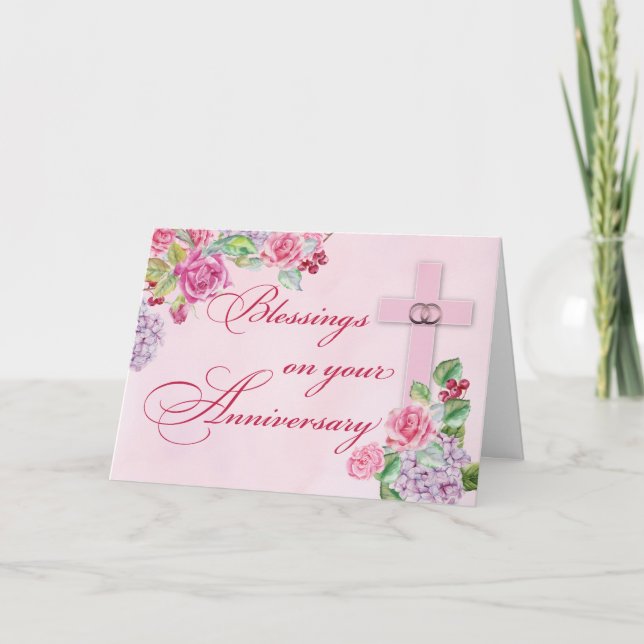 Religiösa bröllopsjubileumsringar rosa kors kort (Framsida)