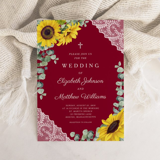 Religiösa Burgundy Snöre solrosblomma Bröllop Inbjudningar (Religious Cross Burgundy Lace Sunflower Wedding Invitation)