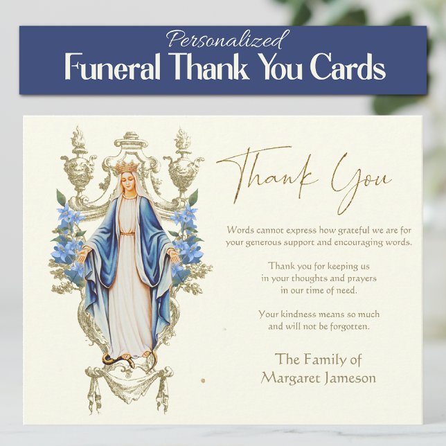 Religiösa Catholik Mary Funeral Memorial Service Tack Kort (Traditional Catholic Blessed Virgin Mary, Our Lady of Grace Funeral Thank you Condolence Cards)