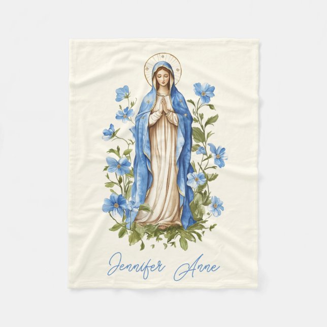 Religiösa Catholik Virgin Mary Blue Blommigt Fleecefilt (Framsidan)