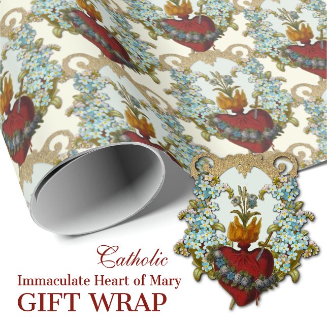 Religiösa Catholik Virgin Mary Immaculate Heart Presentpapper (TRADITIONAL CATHOLIC IMMACULATE HEART OF MARY FLORAL GIFT WRAP FOR ALL OCCASIONS)