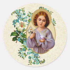 Religiösa Child Jesus Dove Flowers Runt Klistermärke