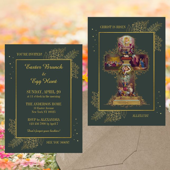 Religiösa Christian Blommigt Påsk Brunch Egg Hunt Inbjudningar (Green Religious Christian Catholic Floral Easter Cross Christ is risen Brunch Egg Hunt Invitation)