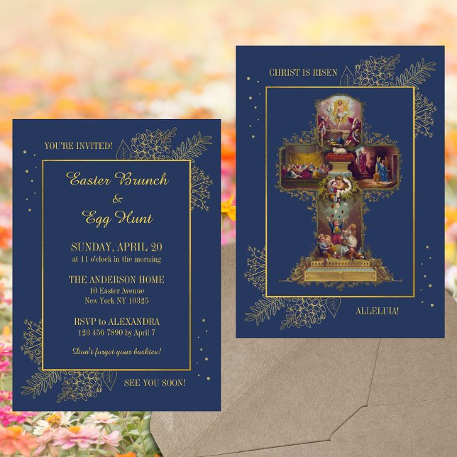 Religiösa Christian Blommigt Påsk Brunch Egg Hunt Inbjudningar (Blue Religious Christian Catholic Floral Easter Cross Christ is risen Brunch Egg Hunt Invitation)