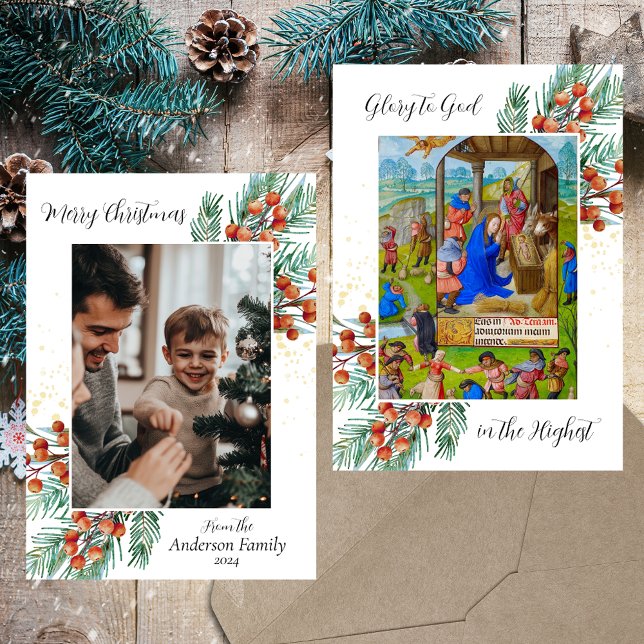 Religiösa Christian Grönt Elegant Photo Julkort (Medieval Religious Christian Catholic Merry Christmas Epiphany Green Elegant Photo Holiday Card)