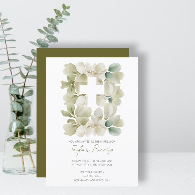 Religiösa Christian Kor Grönt Foliage Baptism Inbjudningar (Religious Christian Cross Green Foliage Baptism Invitations from Ricaso. Religious Themed invites)