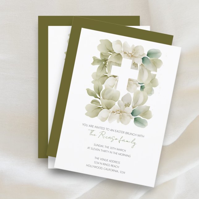 Religiösa Christian Kor Löv Påsk Brunch Inbjudningar (Religious Christian Cross Leaf Easter Brunch Invitations from Ricaso. easy to add your own text)