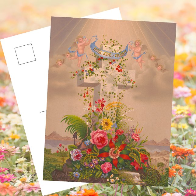 Religiösa Faith Hope Charity Blommigt Påsk Kor Helg Vykort (Vintage Religious Christian Catholic Faith Hope Charity Floral Easter Cross Angel Holiday Postcard)