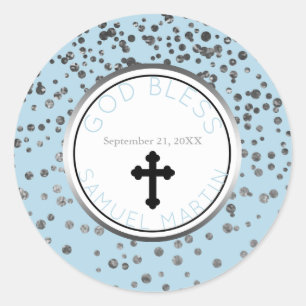 Religiösa för Boy Baby blue Silver Personlig- Runt Klistermärke
