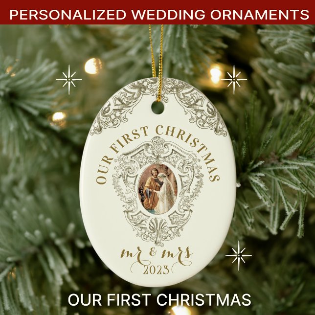 Religiösa Första jul Mr. och Mrs. Bröllop Julgransprydnad Keramik (Personalized Catholic Christmas Wedding Ornaments with Scripture Verse)
