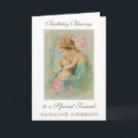 Religiösa Friend Birthday Virgin Mary Jesus Kort<br><div class="desc">Detta är en vacker traditionell katolsk skräddarsydd bild av den välsignade jungfrun Mary med Jesus Child med en vintage ram och rosa ros. All text och typsnitt kan ändras till kostym tillfälle och mottagare.</div>