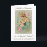 Religiösa Friend Birthday Virgin Mary Jesus Kort<br><div class="desc">Detta är en vacker traditionell katolsk skräddarsydd bild av den välsignade jungfrun Mary med Jesus Child med en vintage ram och rosa ros. All text och typsnitt kan ändras till kostym tillfälle och mottagare.</div>