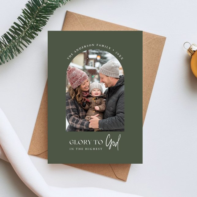 Religiösa Glory to God jul Arch Photo Grönt Julkort (Skapare uppladdad)