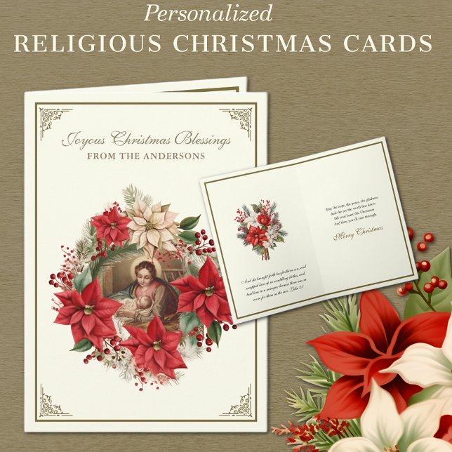 Religiösa God jul Ntivity Poinsettias Helgkort (Personalized Religious Vintage Christmas Cards with Blessed Virgin Mary and Jesus - Red Poinsettias)