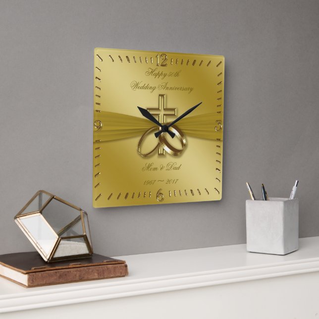 Religiösa Golden 50:e Bröllop-årsdagen Clock Fyrkantig Klocka (Kontor)