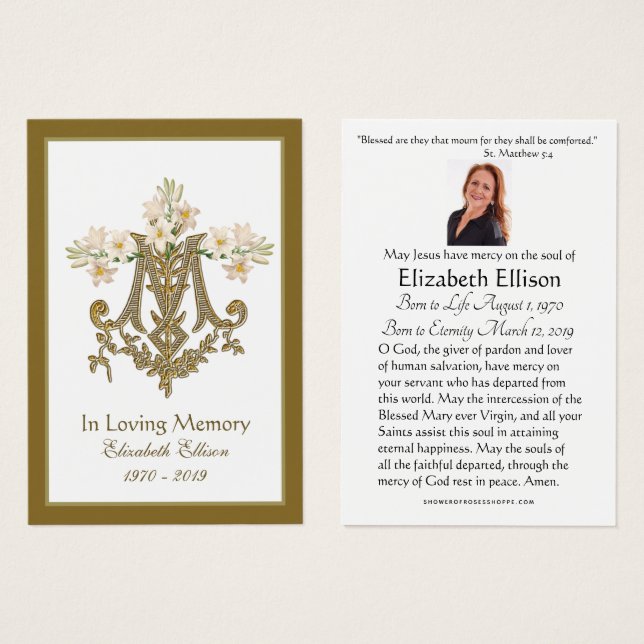 Religiösa Guld Marian Kor Funeral Lilies Visitkort (Framsida & baksida)