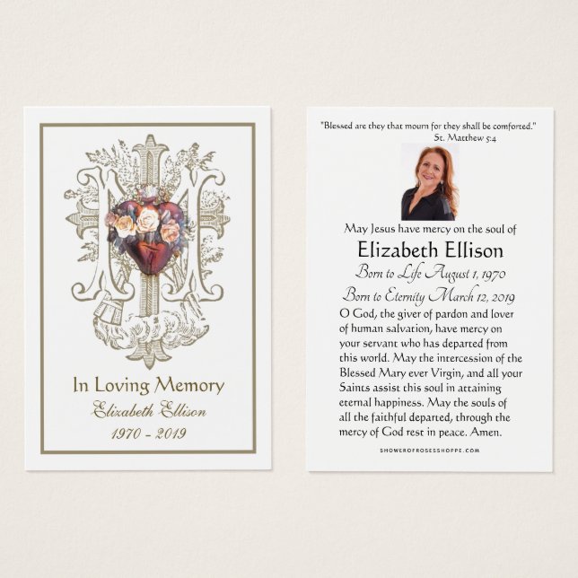 Religiösa Guld Marian Kor Heart Funeral Prayer Visitkort (Framsida & baksida)