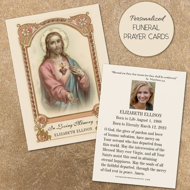 Religiösa Helig Heart of Jesus begraver bön Visitkort (Featuring traditional Catholic Sacred Heart of Jesus personalized funeral prayer cards)