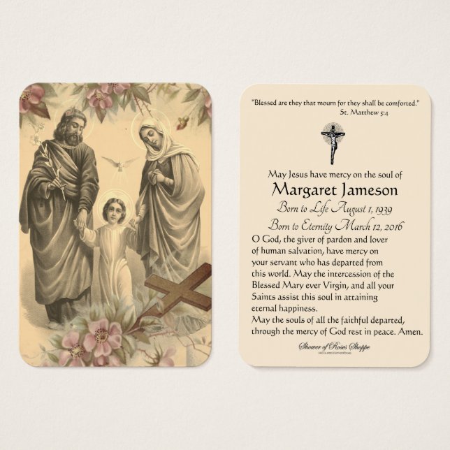 Religiösa Heliga Familj Jesus Mary Funeral Prayer Visitkort (Framsida & baksida)