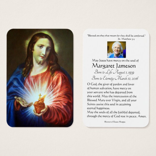 Religiösa Jesus Heart Funeral Memorial Prayer Heli Visitkort (Framsida & baksida)