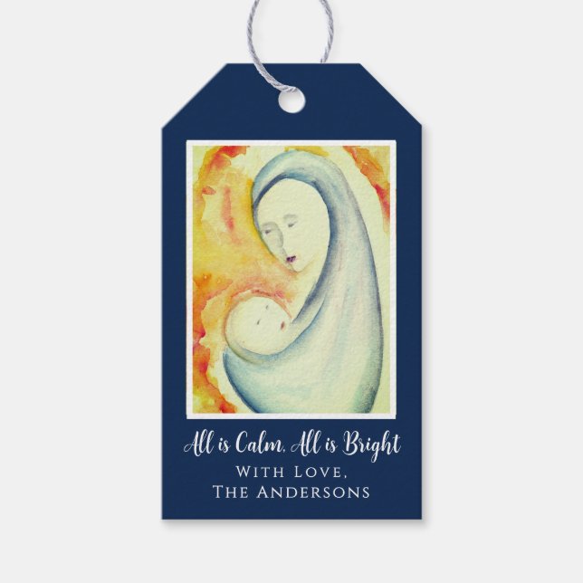 Religiösa Jul Madonna och Barnvatten Presentetikett (Framsidan)