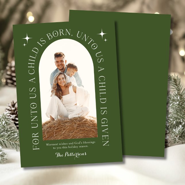 Religiösa Julfamilj - Fotomistlig Grönt Julkort (Skapare uppladdad)