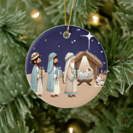 Religiösa - jultomatiktscen och skript julgransprydnad keramik