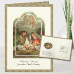 Religiösa jultomativitetsskript Verse Helgkort<br><div class="desc">Med ett vackert vintage bild i Nativiteten med Jungfru Mary,  St. Joseph och BabyJesus med änglar ovan. Insidan är samma bild med en julklapp. All text och typsnitt kan ändras.</div>