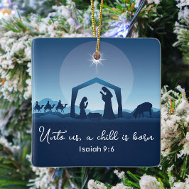 Religiösa jultomhet Scene Blue Christian Julgransprydnad Keramik