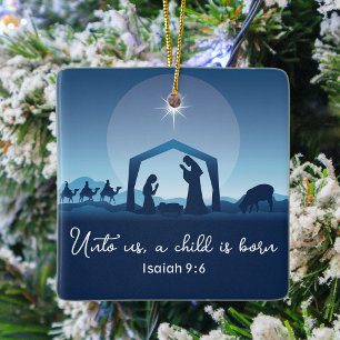 Religiösa jultomhet Scene Blue Christian Julgransprydnad Keramik
