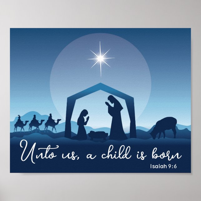 Religiösa jultomhet Scene Blue Christian Poster (Framsidan)