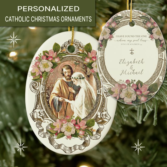 Religiösa Katolsk Bröllop Scripture Blommigt Julgransprydnad Keramik (TRADITIONAL CATHOLIC CHRISTMAS WEDDING ORNAMENT WITH SCRIPTURE VERSE AND BETROTHAL OF MARY & JOSEPH.)
