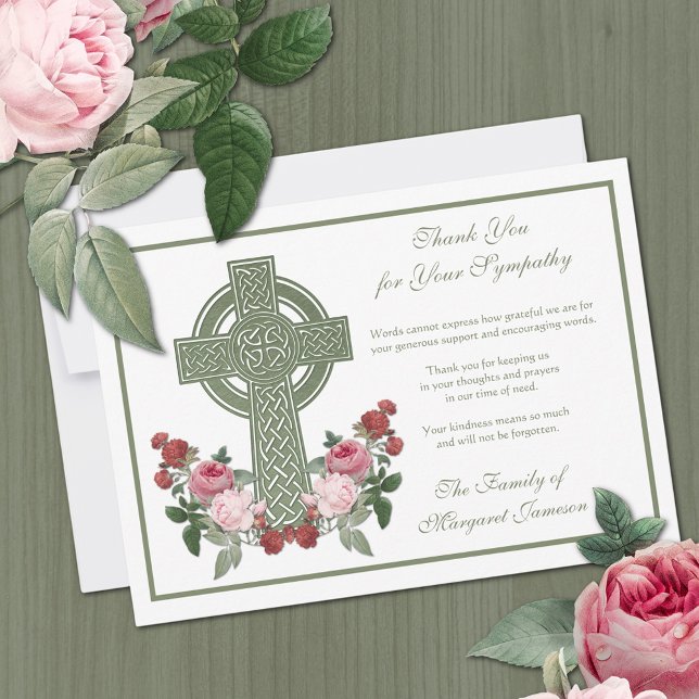 Religiösa katolsk keltisk kondoleans Kor Ro Tack Kort (Celtic Irish Cross with roses funeral condolence thank you card)