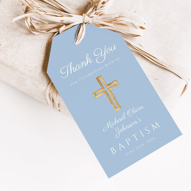 Religiösa Kor Baby blue Boy Baptism Presentetikett (Religious Cross Boy Blue Baptism Gift Tags)