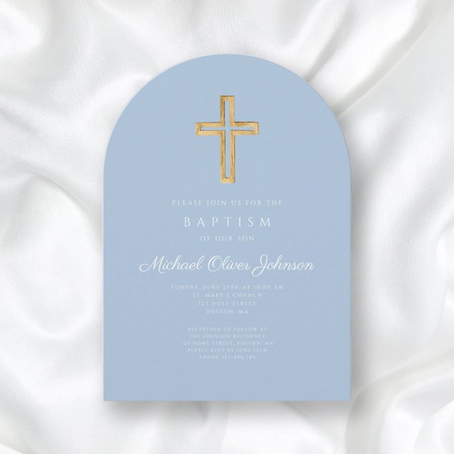 Religiösa Kor Baby blue Script Boy Baptism Arch Inbjudningar (Religious Cross Baby Blue Script Boy Baptism Arch Invitation)