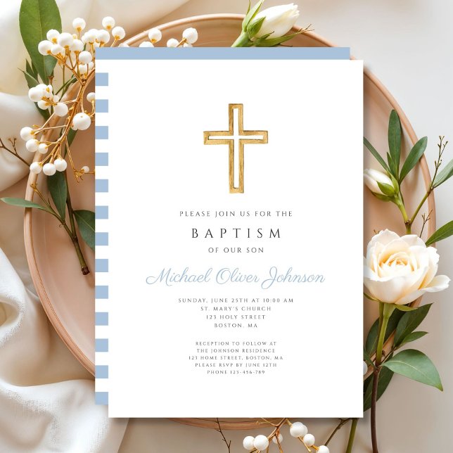 Religiösa Kor Baby blue Script Boy Baptism Inbjudningar (Religious Cross Baby Blue Script Boy Baptism Invitation)