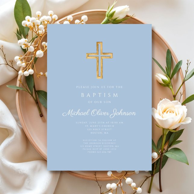 Religiösa Kor Baby blue Script Boy Baptism Inbjudningar (Religious Cross Baby Blue Script Boy Baptism Invitation)