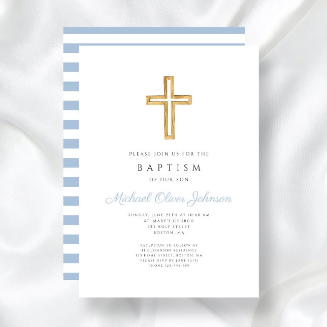 Religiösa Kor Baby blue Script Boy Baptism Inbjudningar (Religious Cross Baby Blue Script Boy Baptism Invitation)