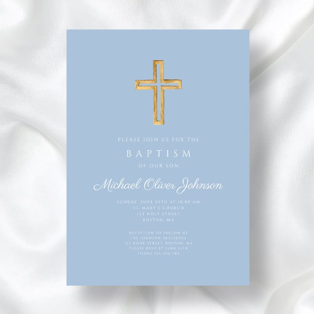 Religiösa Kor Baby blue Script Boy Baptism Inbjudningar (Religious Cross Baby Blue Script Boy Baptism Invitation)